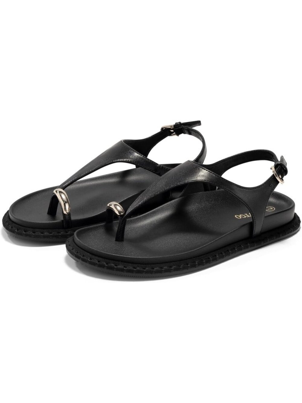 Women's Black Summer Comfortable T Strap Ring Toe Ankle Strap Beach Flat Sandals